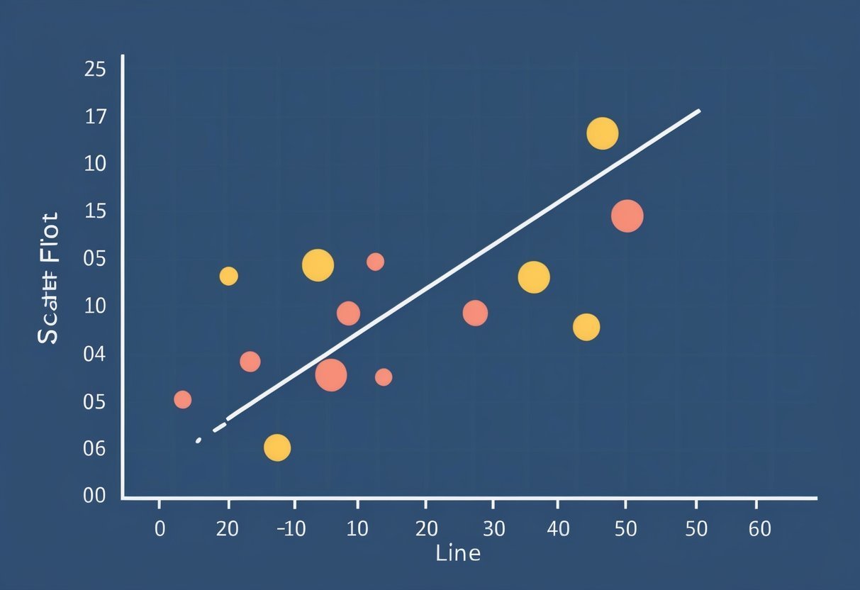 A scatter plot with a line of best fit, showing the relationship between independent and dependent variables with residual points scattered around the line
