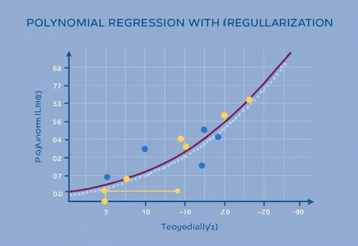 A graph with a curved line fitting multiple data points, showing the concept of polynomial regression with regularization