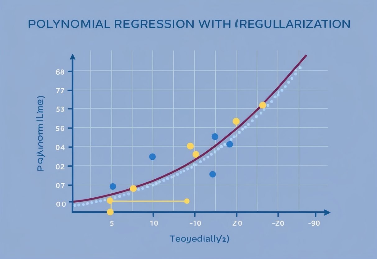 A graph with a curved line fitting multiple data points, showing the concept of polynomial regression with regularization