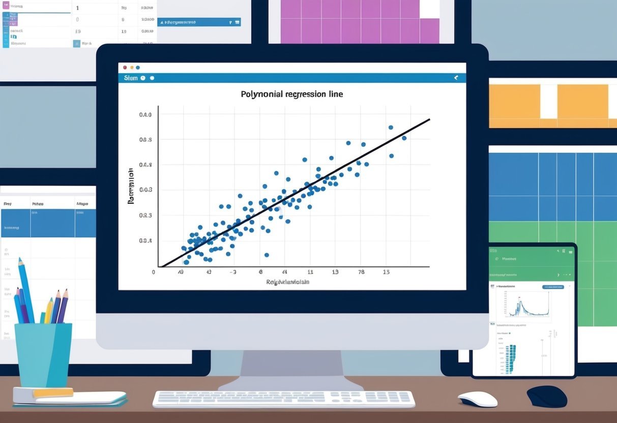 A computer screen displaying a scatter plot of data points with a polynomial regression line and regularization curve. Multiple data sets are visible in the background