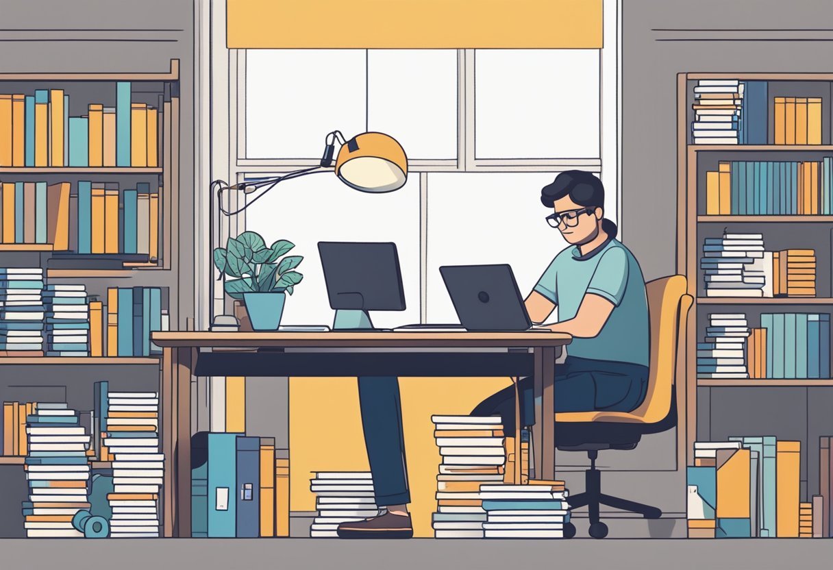 A person working on a computer, surrounded by books and papers, with a graph and python code on the screen