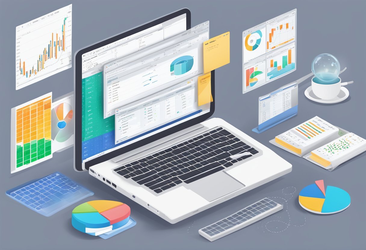 A laptop displaying Python code for cross validation, surrounded by data sets and statistical charts