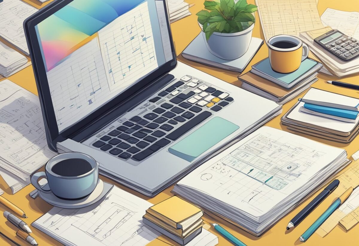 A table with a laptop, textbooks, and a calculator surrounded by scattered mathematical notes and equations