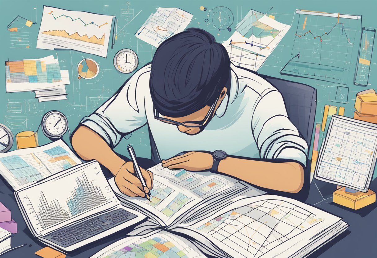 A person studying a textbook on data analysis, surrounded by charts, graphs, and mathematical equations
