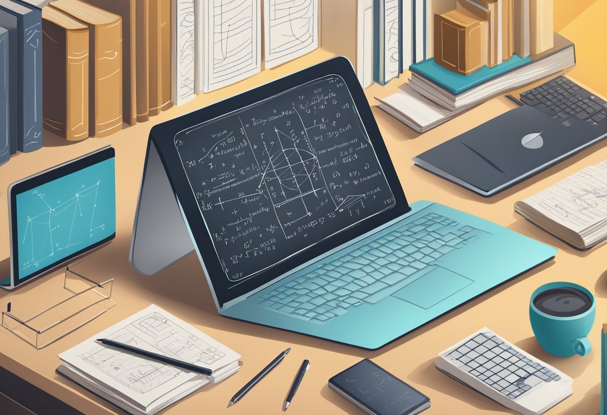 A chalkboard filled with mathematical equations and diagrams related to probability, surrounded by books and a laptop