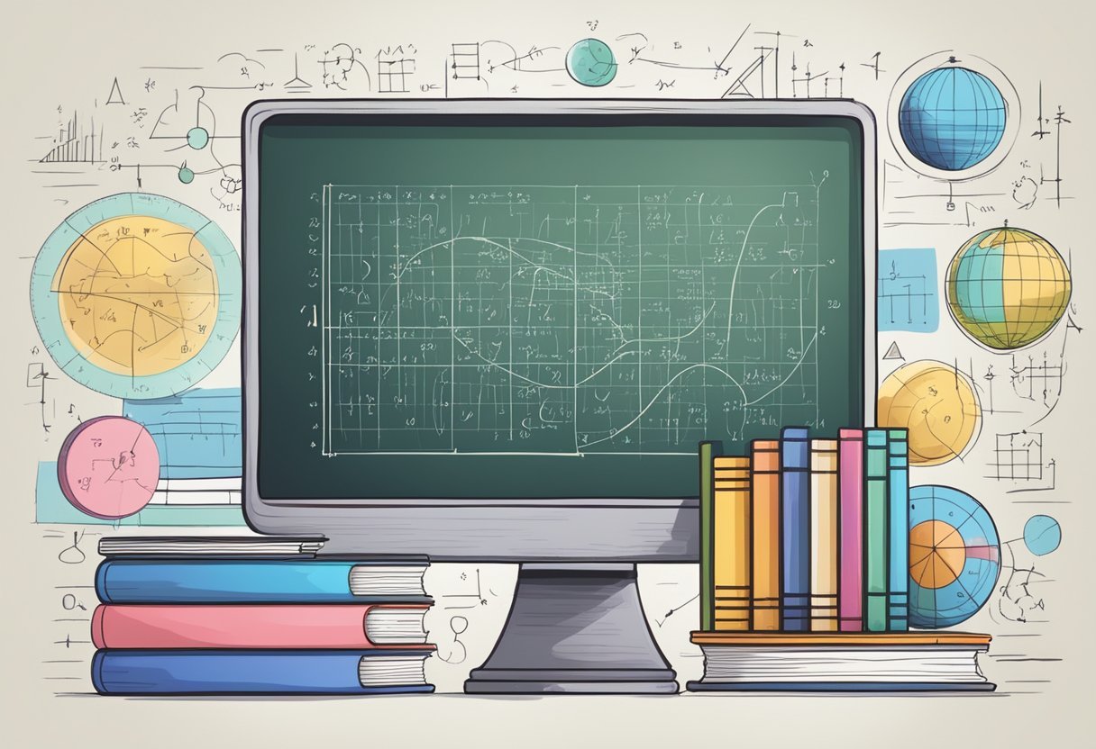 A chalkboard filled with mathematical equations and diagrams related to probability, surrounded by books and notebooks on data science