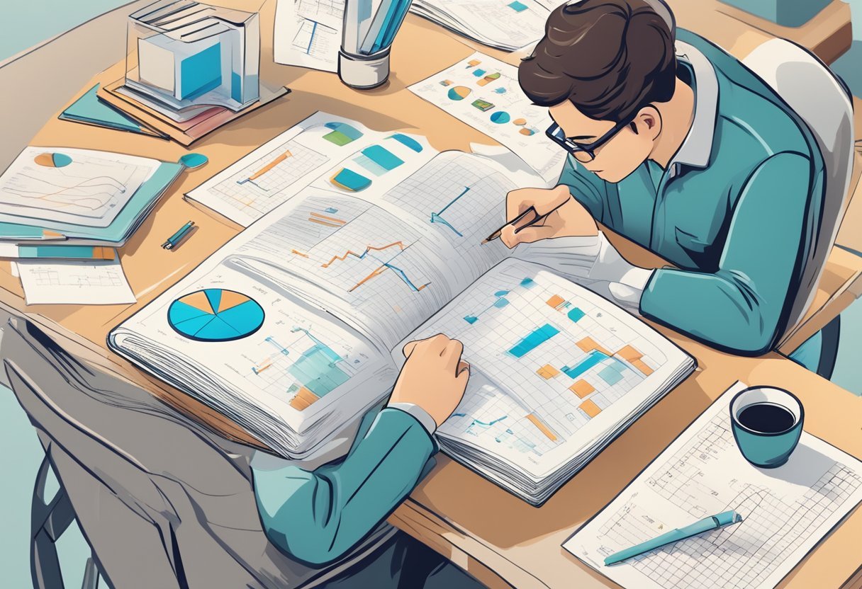 A person studying a math textbook with equations and graphs, surrounded by data science and regression analysis reference materials