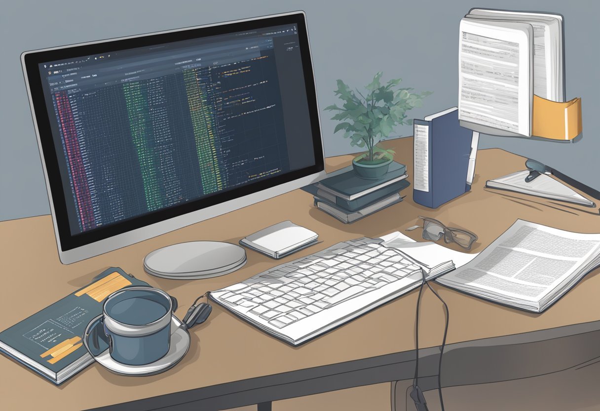 A computer screen displaying T-SQL code for creating and querying temporal tables, with a reference book and notebook nearby