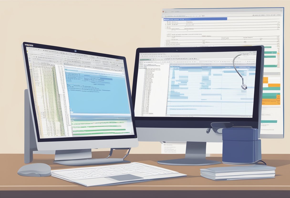 A computer screen displaying T-SQL code for temporal tables, with security considerations written on a notepad beside it