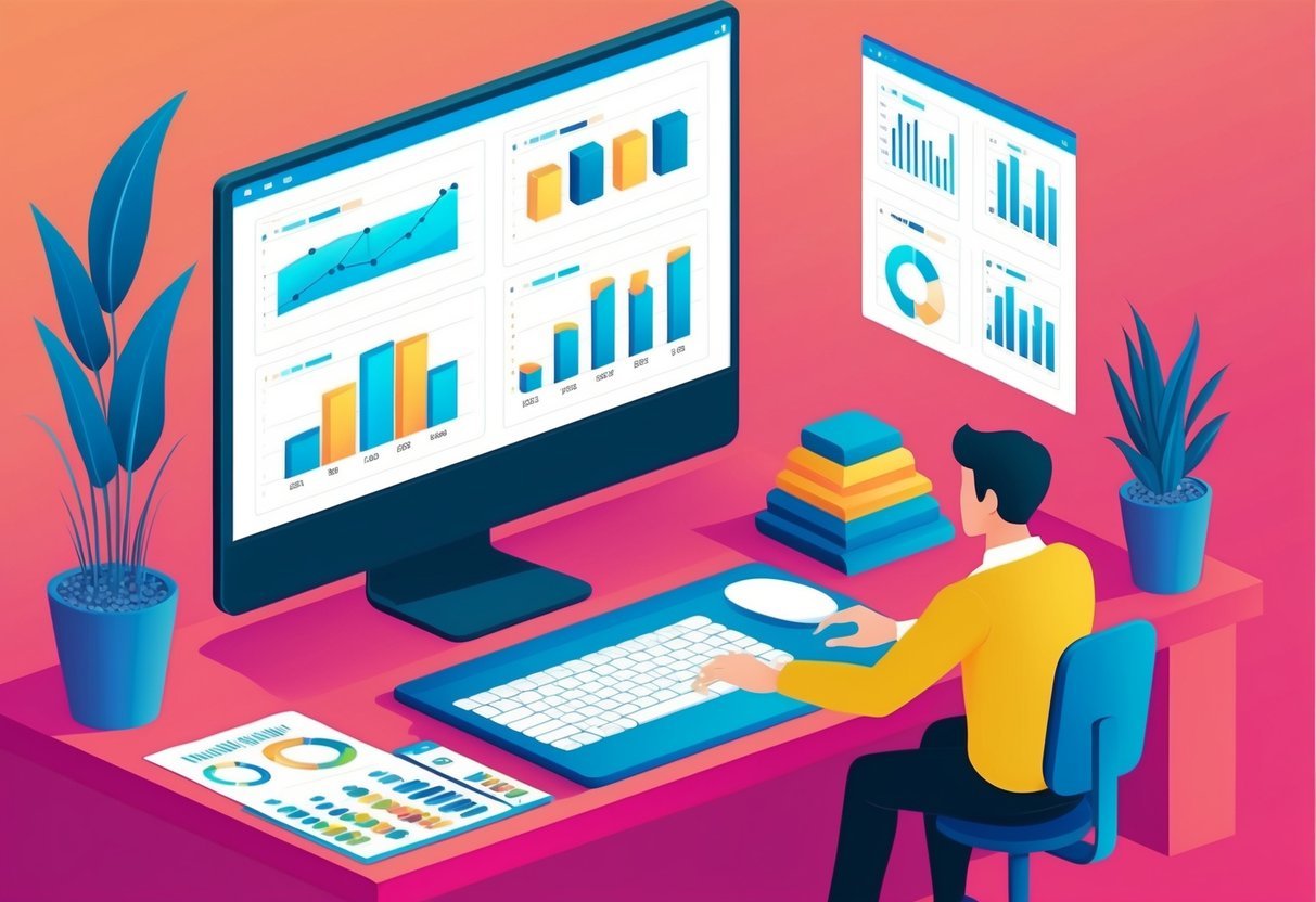 A person working at a computer, organizing and analyzing data sets with charts and graphs displayed on the screen