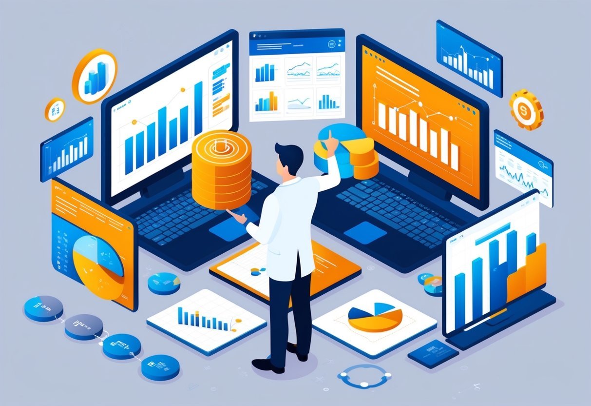 A data scientist surrounded by screens and graphs, analyzing complex data sets to drive strategic decisions