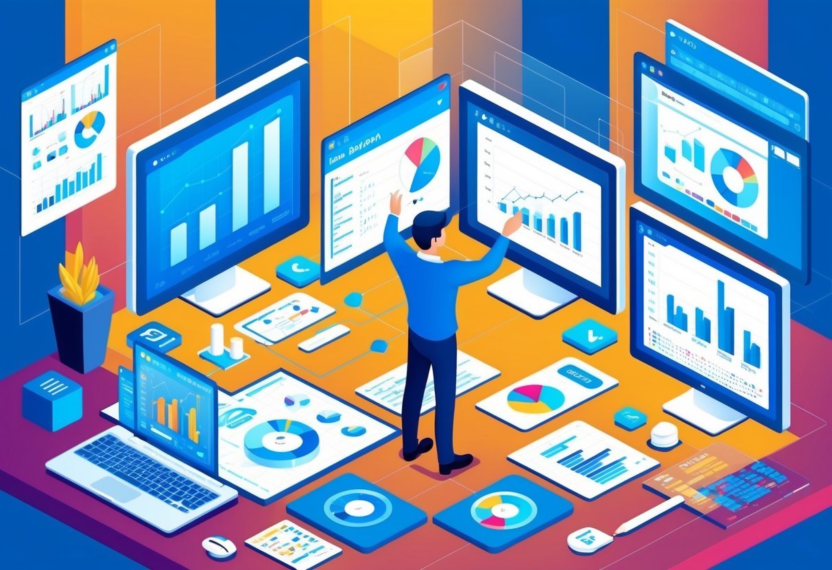 A data scientist analyzing graphs and charts, surrounded by computer monitors and data visualization tools in a modern office setting