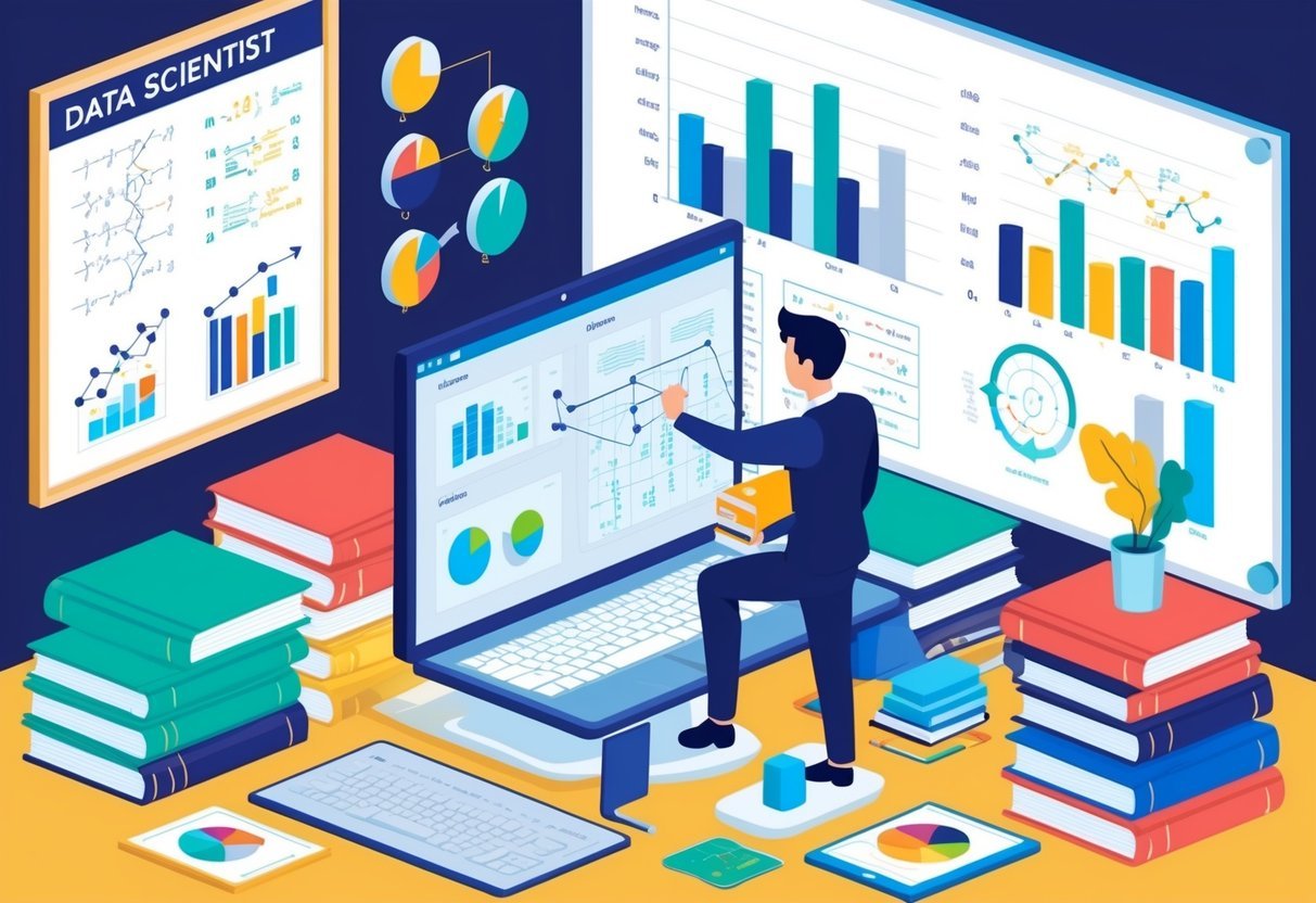 A data scientist analyzing complex datasets on a computer, surrounded by books and charts, with a whiteboard filled with equations and diagrams