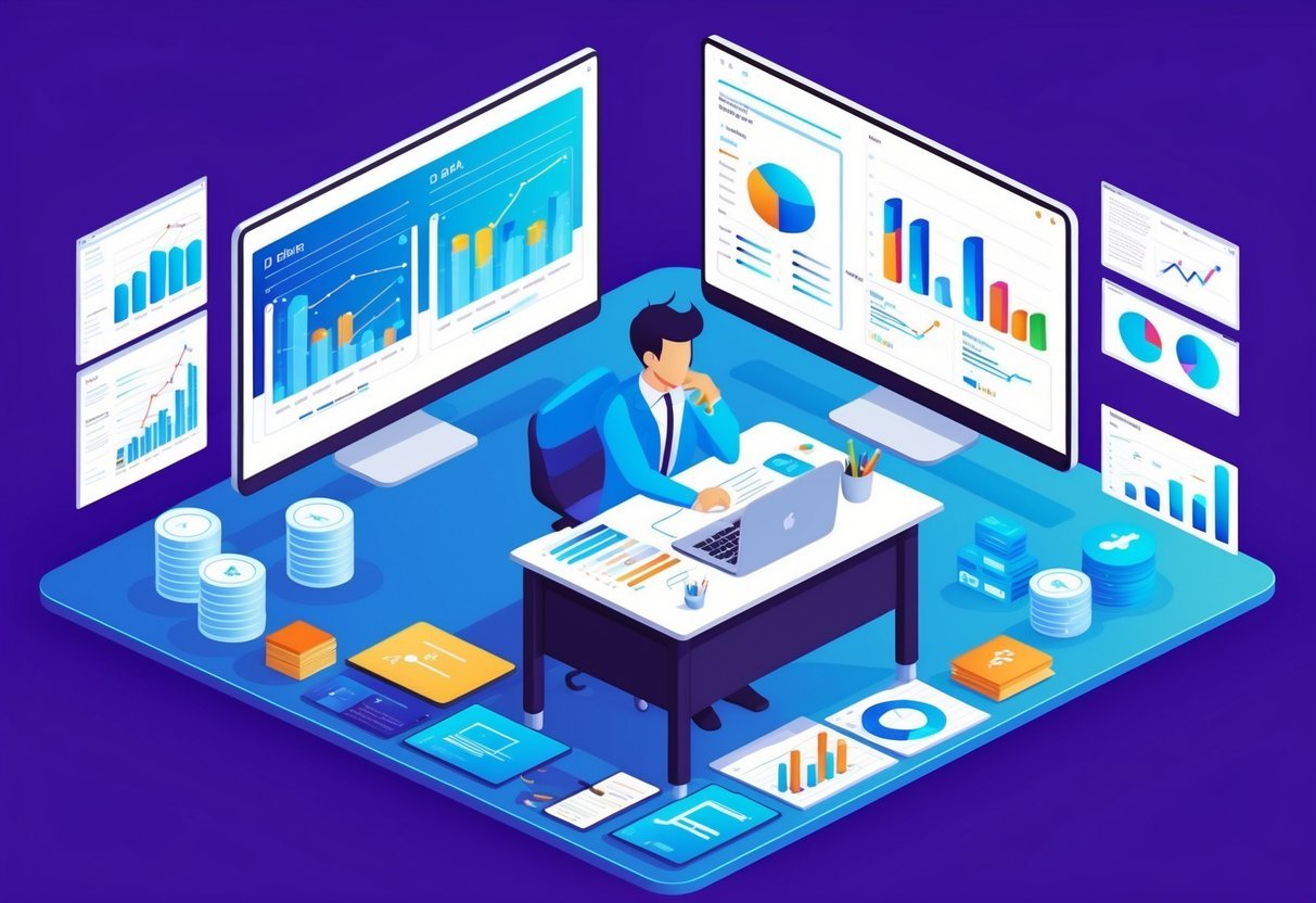 A data scientist at a desk surrounded by computer screens and data charts, deep in thought and analyzing information for a project