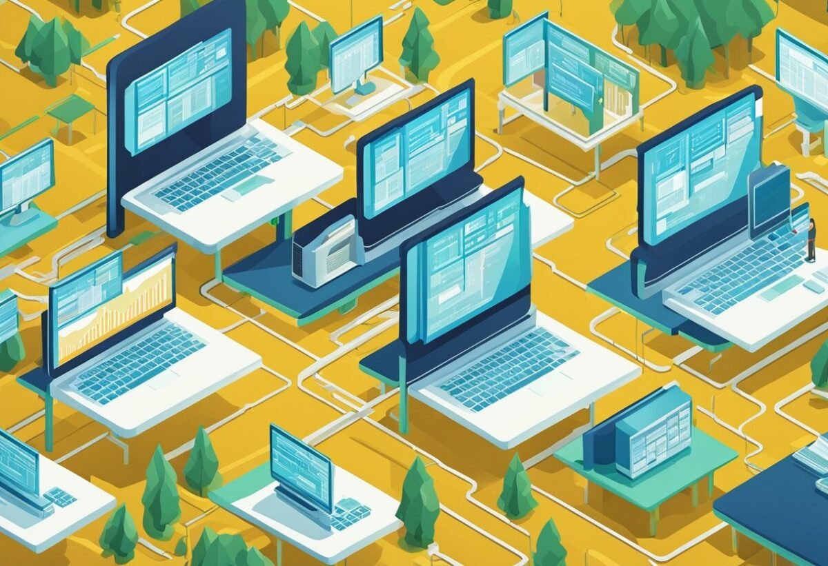 A computer screen displays a complex network of interconnected tables and logs, with data flowing between them in a structured and organized manner