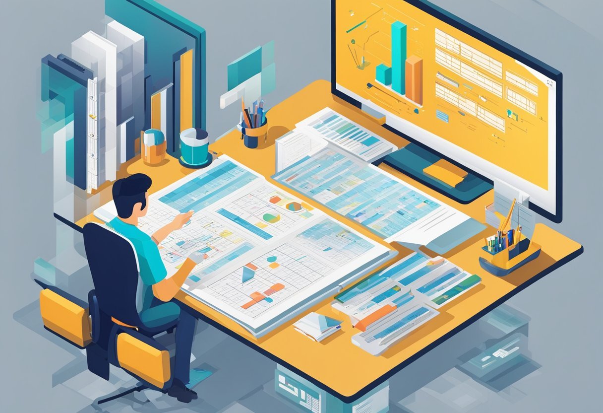 A person at a desk, studying a large book with diagrams and tables. A computer screen shows a spreadsheet with columns of data