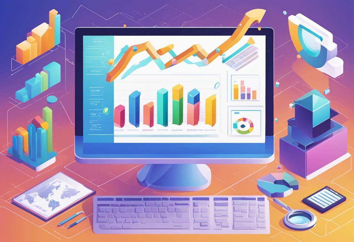A computer screen with a colorful and organized array of data tables, charts, and graphs, with a magnifying glass hovering over them