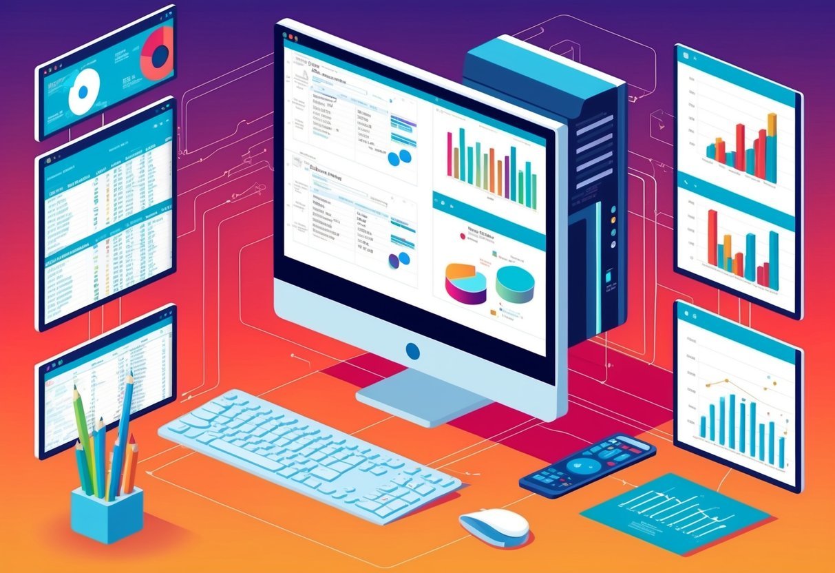 A computer with multiple screens displaying complex SQL queries and data analysis charts