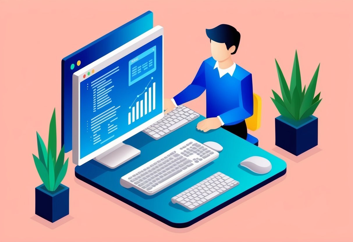 A person at a desk with a computer, analyzing data using SQL for data analysis