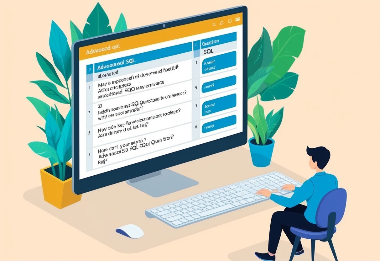 A computer screen with a list of advanced SQL questions and a person typing on a keyboard to find answers