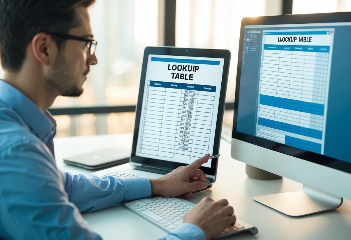 A person designing a lookup table with indexes, using a computer to simplify data analysis