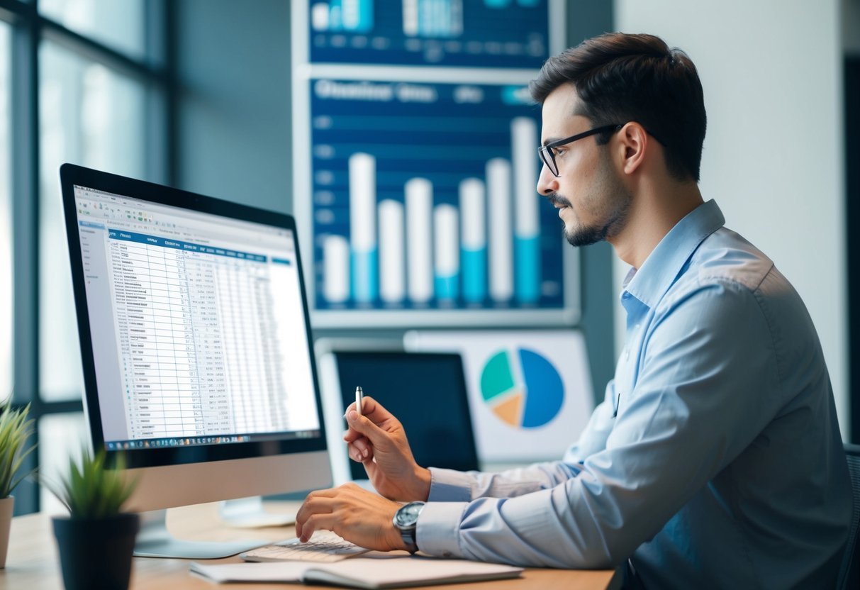 A person designing and updating lookup tables on a computer, with charts and graphs in the background