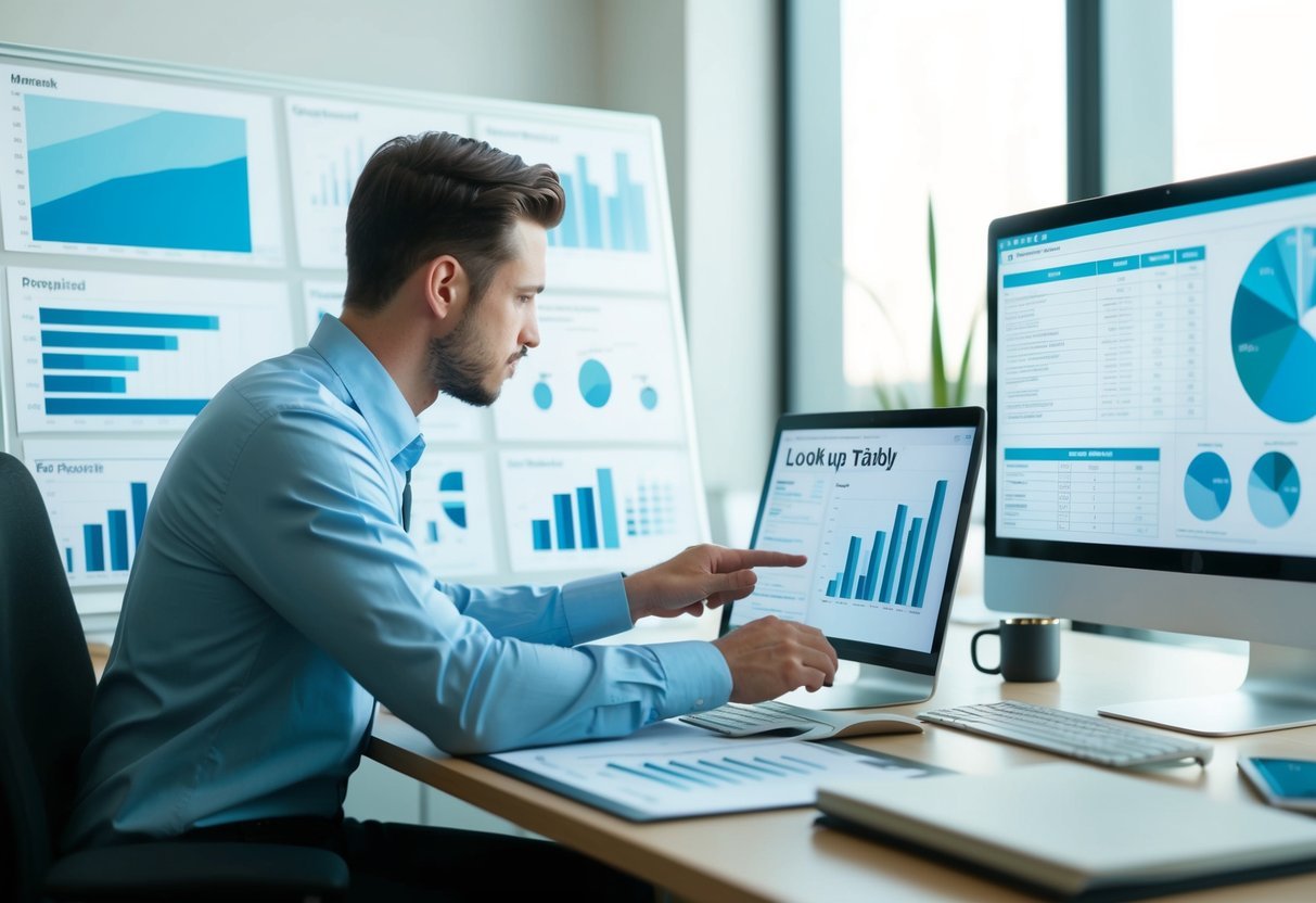 A person at a desk, surrounded by charts and graphs, organizing data into a lookup table. A computer screen displays the process