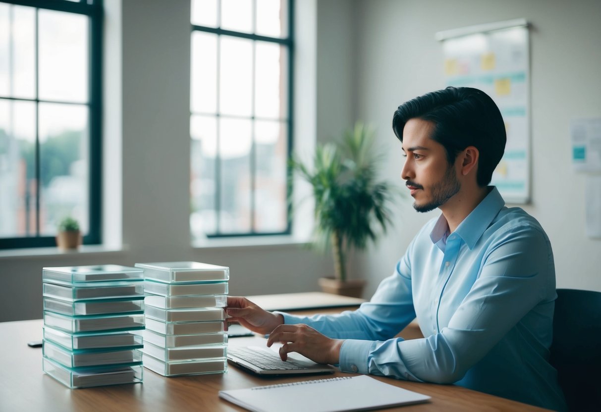 A person at a desk, organizing and simplifying data into lookup tables for analysis