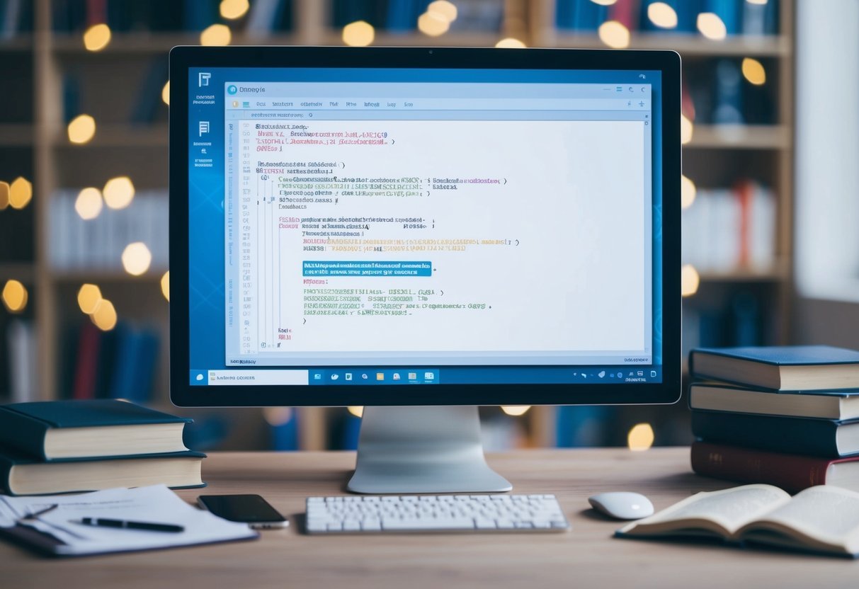 A computer screen displaying a SQL query with a stored procedure code, surrounded by reference books and notes