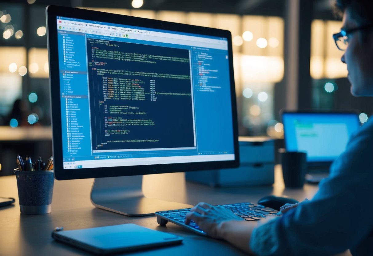 A computer screen with a complex SQL query and a stored procedure being created, with various tables and data fields visible