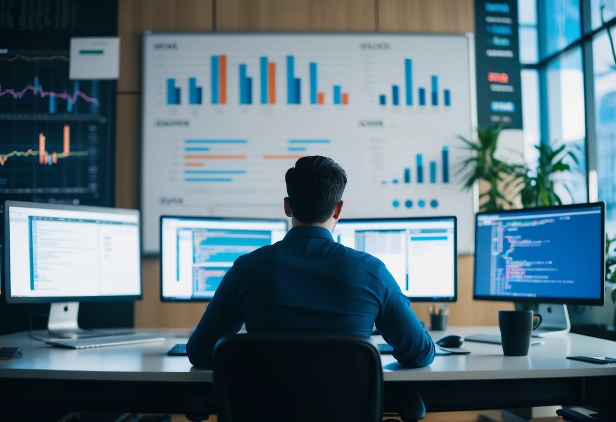 A person at a desk, surrounded by computer monitors and data charts, writing SQL code on a large whiteboard