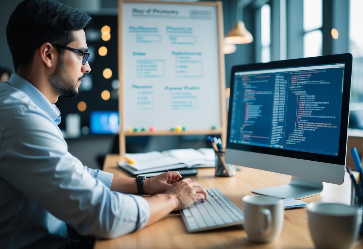 A person at a computer writing code for stored procedures in SQL, with a whiteboard full of diagrams and notes in the background