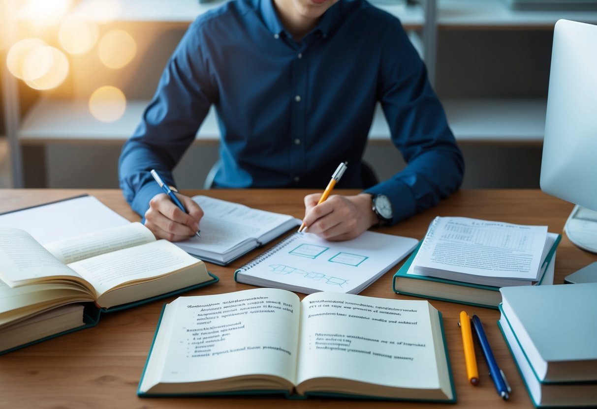 A person at a desk, surrounded by open books and a computer screen, writing notes and diagrams while studying about creating stored procedures in SQL