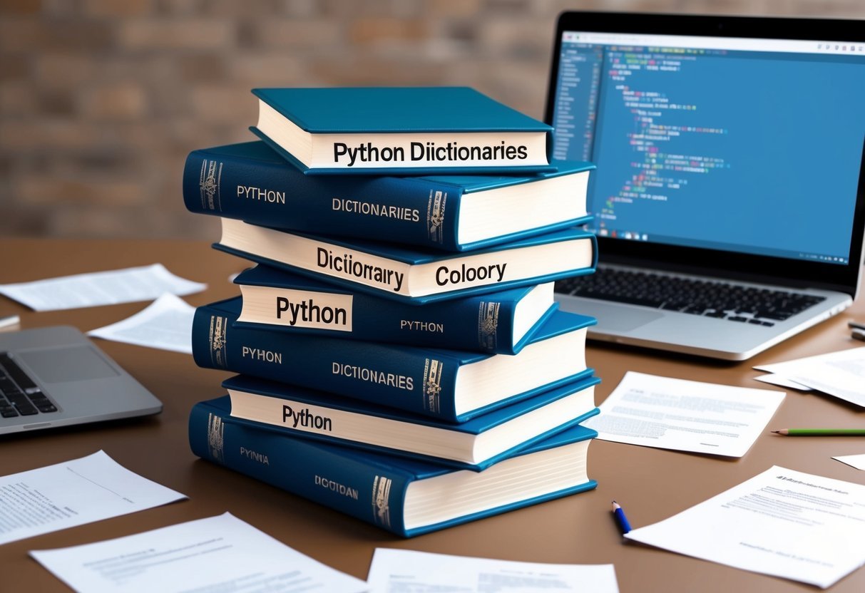 A stack of open books with Python dictionaries on the cover, surrounded by scattered papers and a laptop with code on the screen
