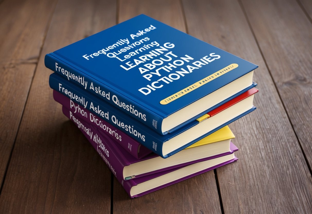 A stack of books with "Frequently Asked Questions Learning About Python Dictionaries" on the cover