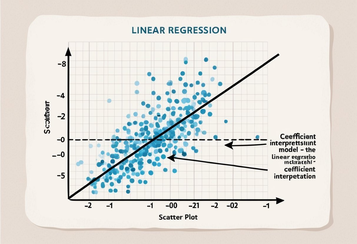 A graph with a scatter plot of data points and a straight line representing the linear regression model, with arrows pointing to the line indicating coefficient interpretation