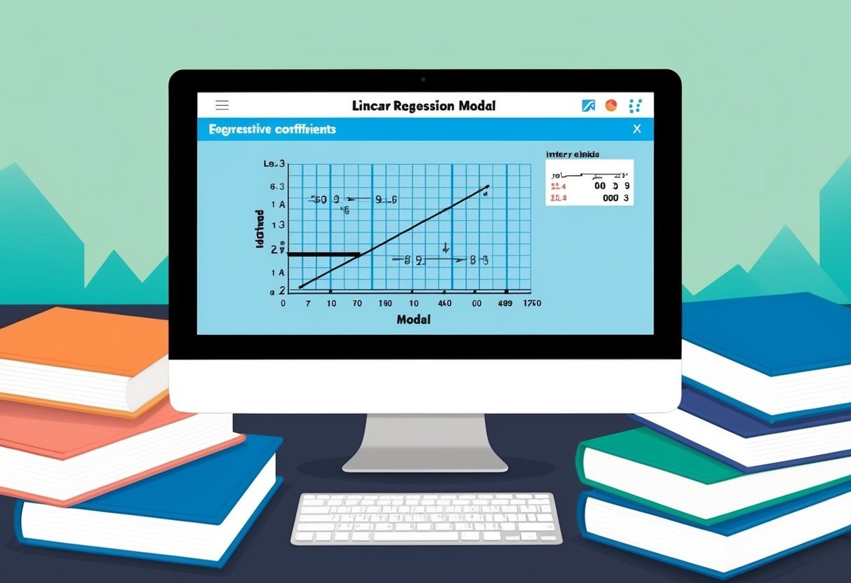 A computer screen with a linear regression model graph and interpretive coefficients displayed, surrounded by books on regression modeling