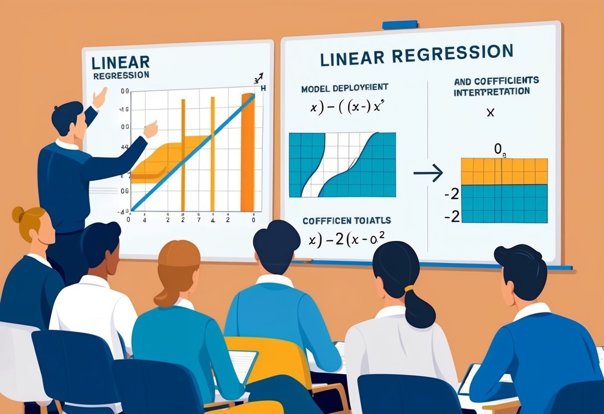 A person teaching a group about linear regression with a whiteboard and charts. Symbols and equations are used to explain model deployment and coefficient interpretation
