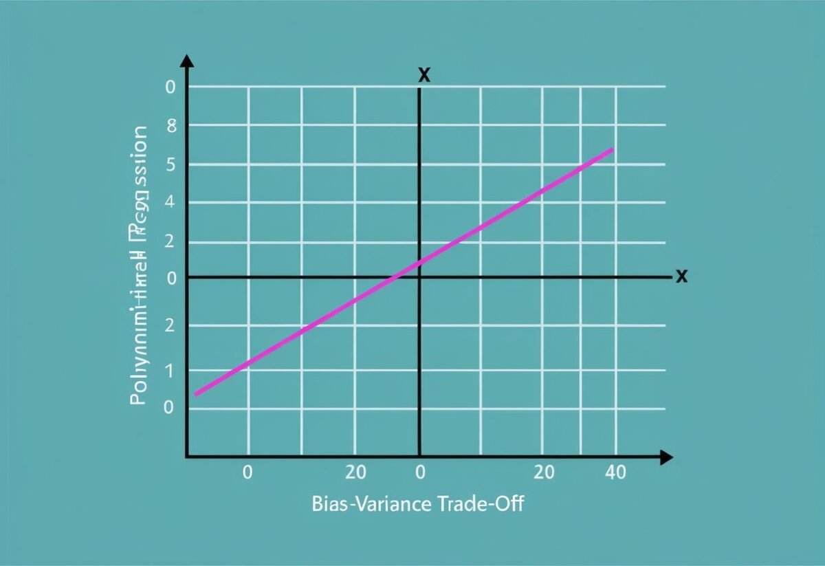 A graph with a polynomial curve fitting closely to a set of data points, demonstrating the concept of bias-variance trade-off in polynomial regression