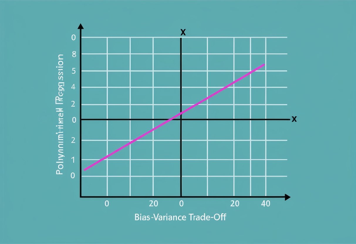 A graph with a polynomial curve fitting closely to a set of data points, demonstrating the concept of bias-variance trade-off in polynomial regression