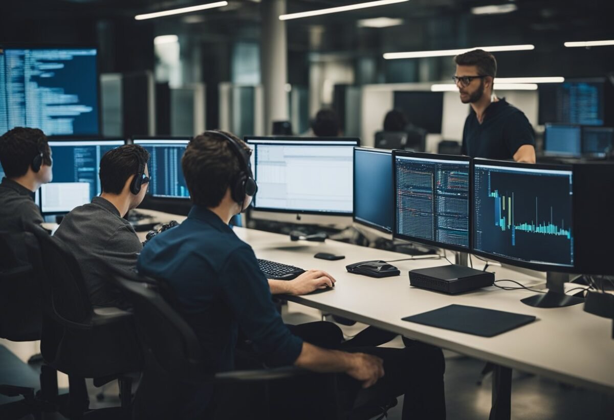 A group of programmers studying code in Python, Java, and C++ to understand recursion in different programming languages