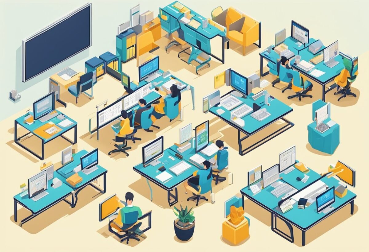 A group of objects arranged in a classroom setting, with diagrams and code snippets on a whiteboard, demonstrating OOP principles