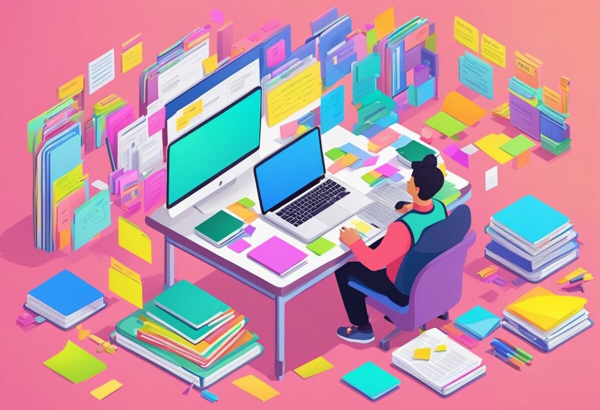 A person studying NLP theory and applications with multiple open books and a laptop on a desk surrounded by colorful sticky notes and highlighters