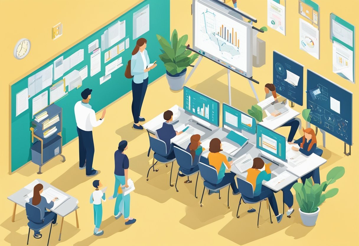 A classroom setting with a whiteboard filled with diagrams, students engaged in discussion, and a teacher demonstrating OOP concepts through practical examples