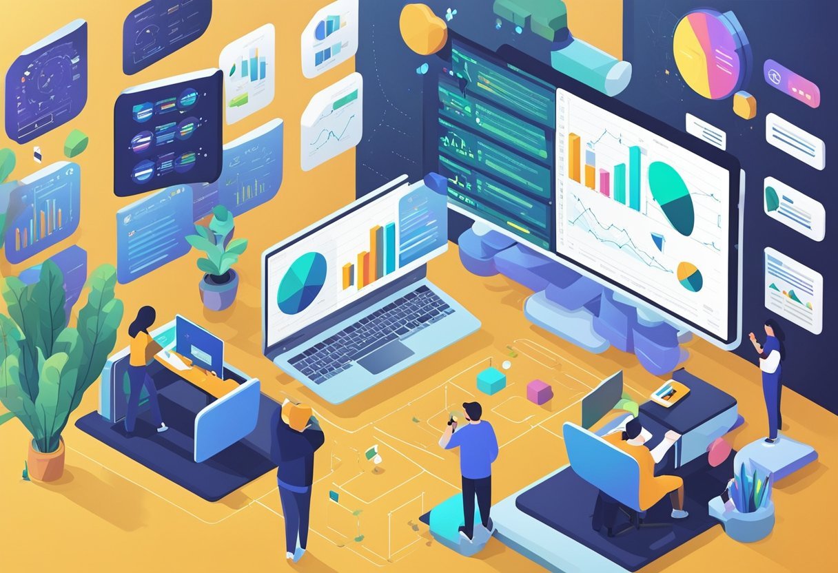A computer screen displaying a data science tutorial on pandas group by operations with charts and graphs in the background