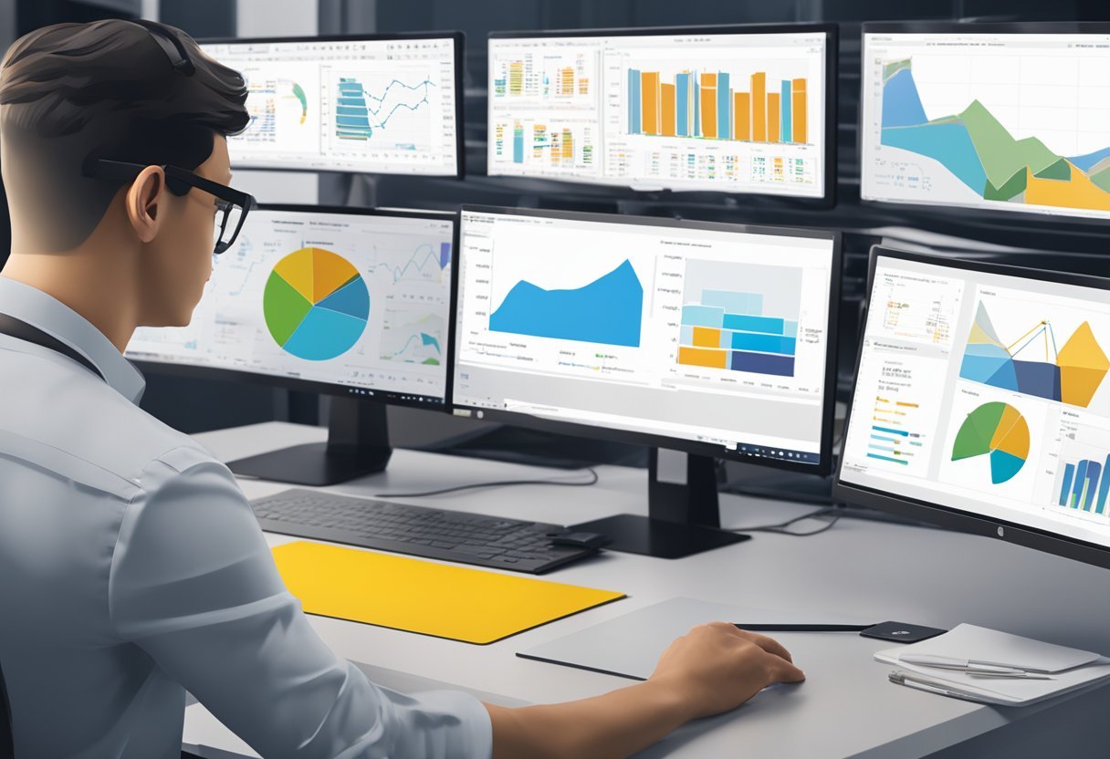 A person using Power BI to analyze and visualize data, with various charts, graphs, and dashboards displayed on a computer screen