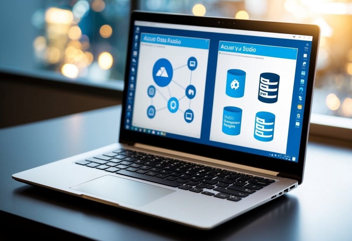 An open laptop displaying Azure Data Studio and SQL Server Management Studio with various database integration icons