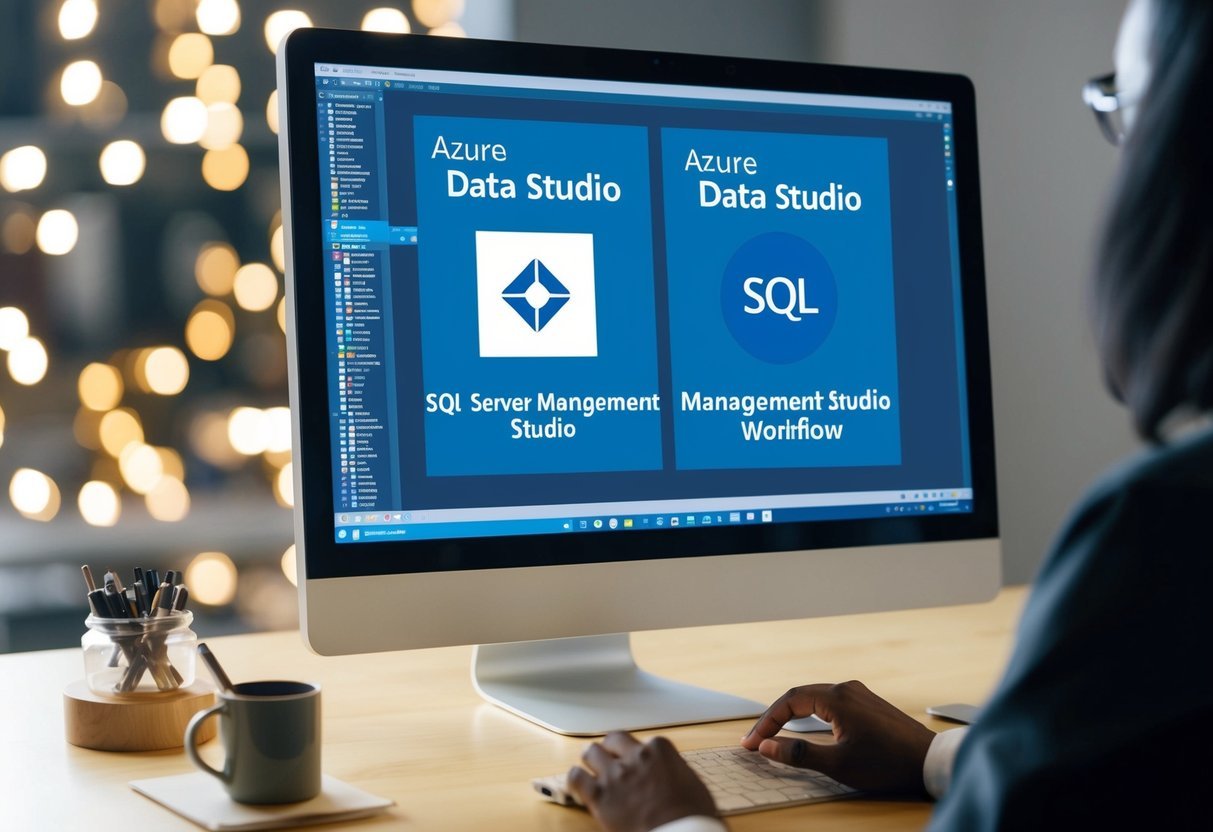A person using a computer to compare Azure Data Studio and SQL Server Management Studio for development and administration workflow