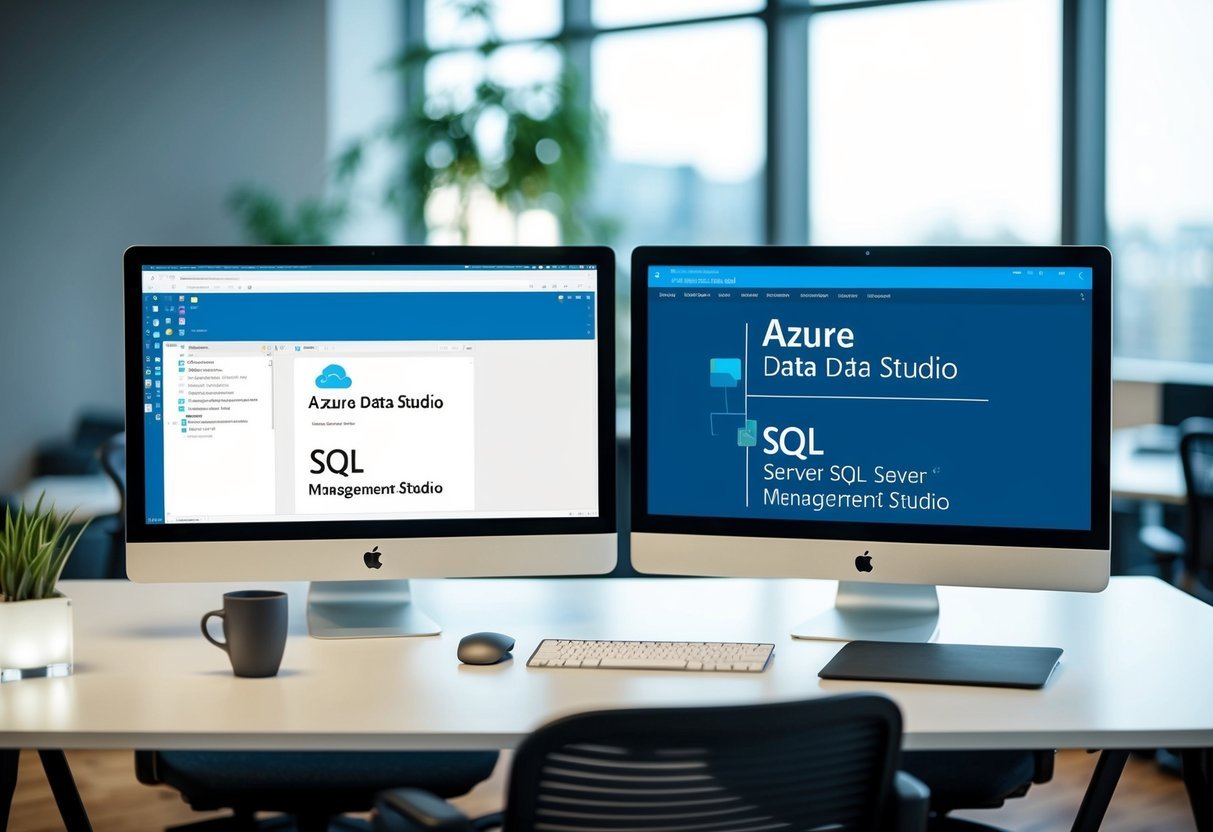 A modern office desk with two computer monitors displaying Azure Data Studio and SQL Server Management Studio