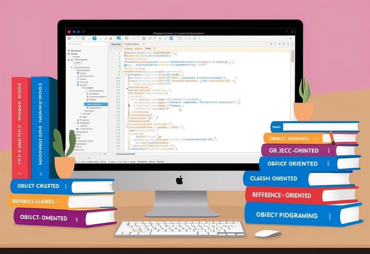 A computer screen displaying a code editor with multiple classes and methods, surrounded by reference books on object-oriented programming
